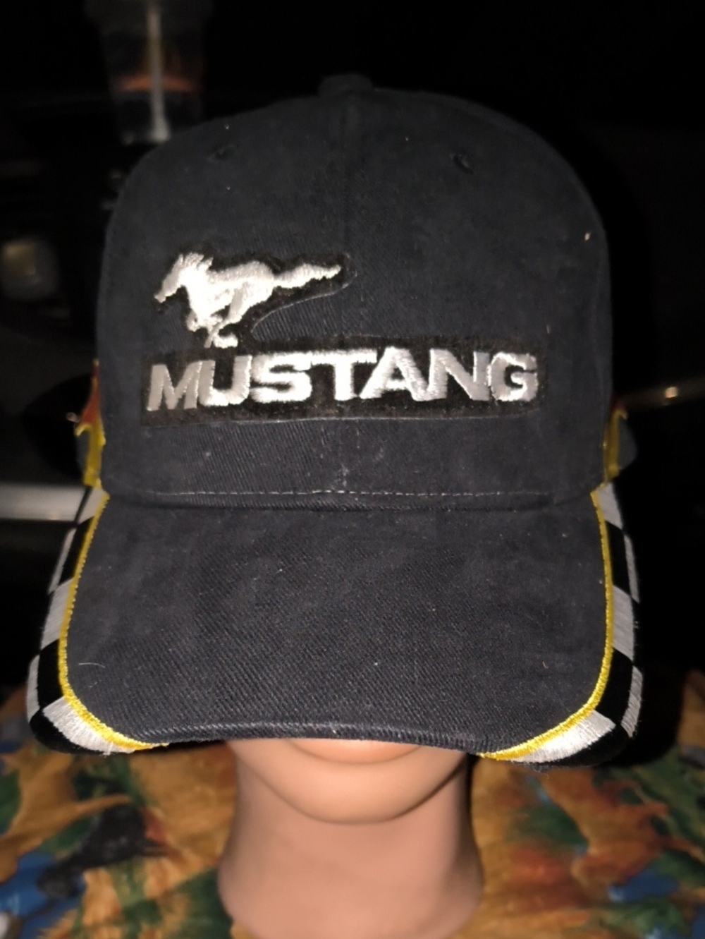 Mustang Embroidered Logo Checkered Raging Flames Baseball Strap-on Hat Cap OSFA